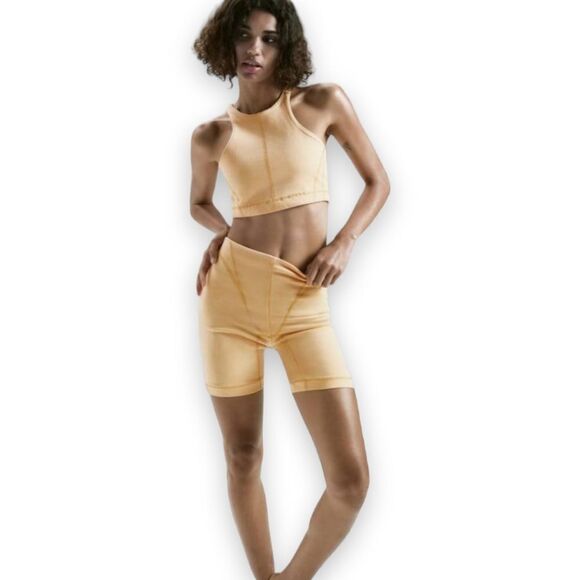 Zara Orange Denim High Rise Bike Shorts Tonal Seams US XS - Picture 2 of 9